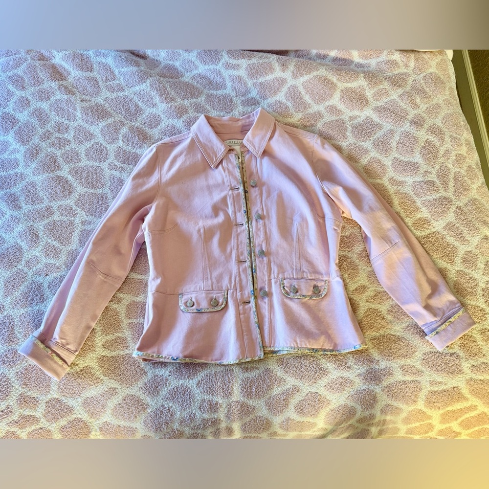 Liz Claiborne pink  Denim Jacket  floral trim Women's Large Ex. Cond